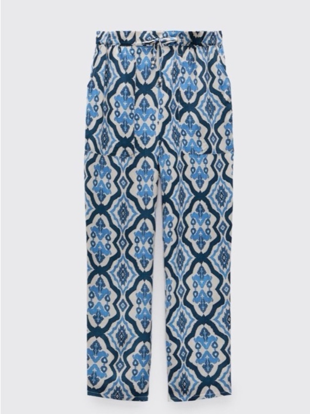 Zara Blue and Cream Printed Relaxed Pants